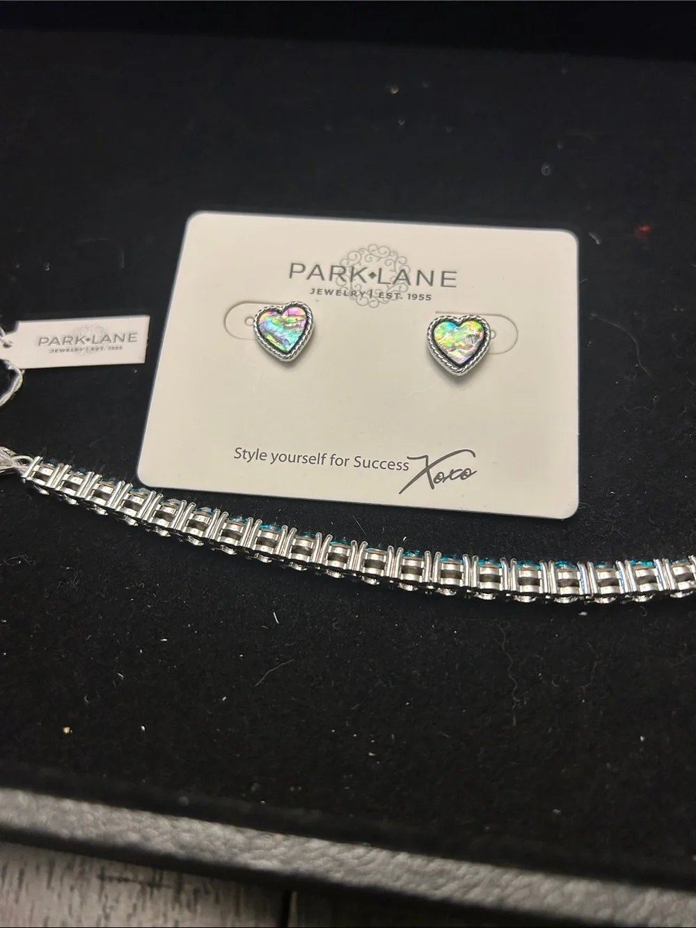 Park Lane Teal Crystal Tennis Bracelet with Iridescent Abalone Heart Earrings
